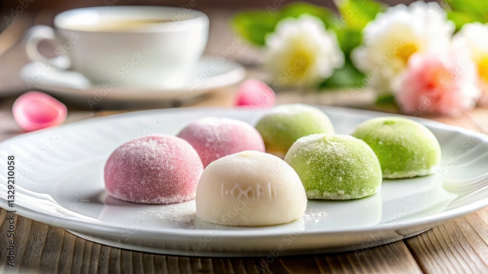 Irresistible mochi dessert, captured in charming tilt-shift photography, a pristine white plate setting. Irresistible mochi dessert, captured in charming tilt-shift photography, a pristine white plate setting.