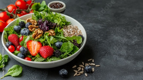 Delicious Salad with Fresh Berries, Nuts, and Seeds on Dark Background