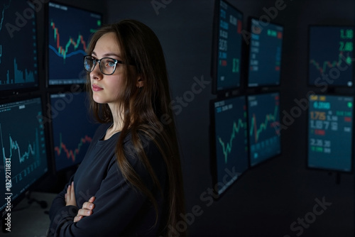 Thoughtful Female Analyst, Arms Crossed, Studying Financial Charts on Monitors in the Dark, Concept of Investment and Market Analytics, Digital Technology.