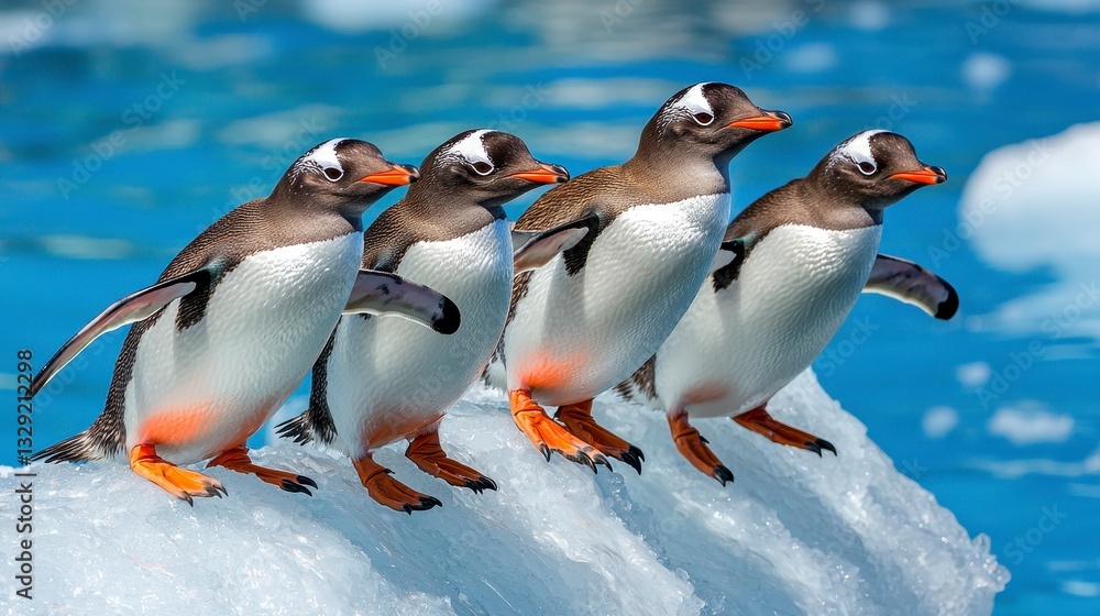 Obraz premium Four Gentoo Penguins on Iceberg in Antarctic Ocean