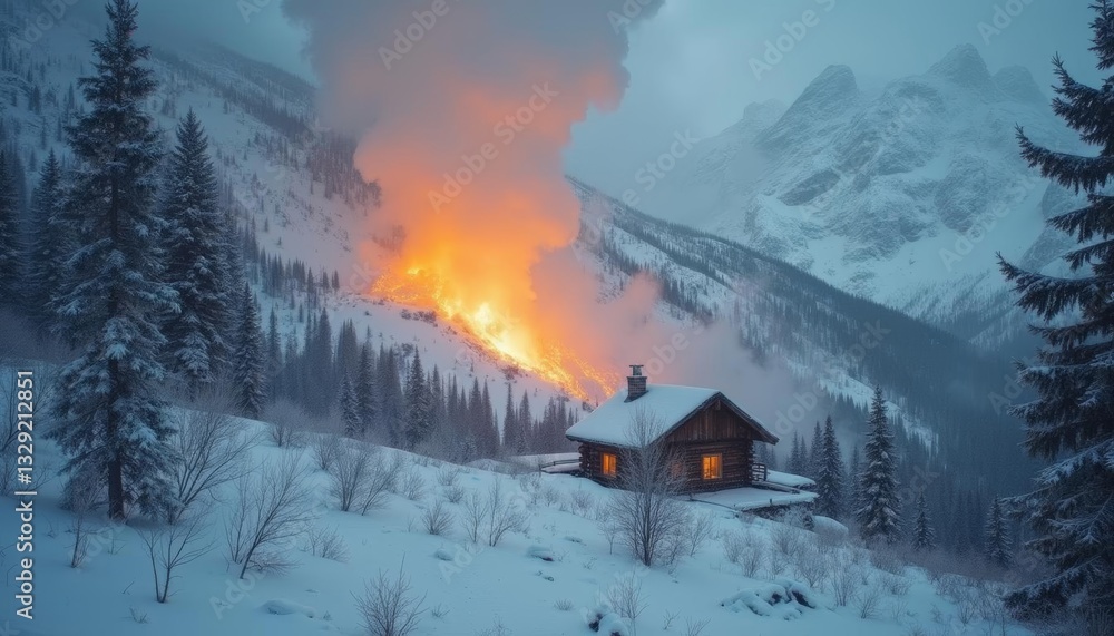 The warm light of the snow capped wooden house The warm light of the snow capped wooden house