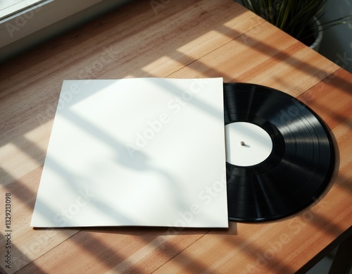 Vinyl record and blank cover mockup on wooden table in sunlight.