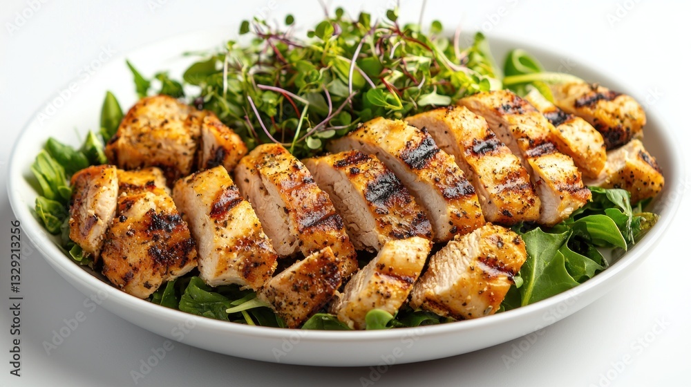 Grilled chicken Caesar salad plated elegantly with a garnish of microgreens Grilled chicken Caesar salad plated elegantly with a garnish of microgreens