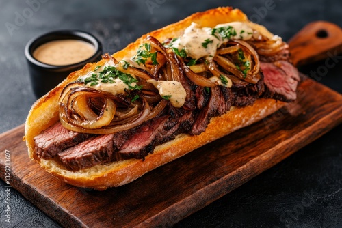 A fresh baguette filled with roast beef, caramelized onions, and horseradish sauce, served with a side of jus photo