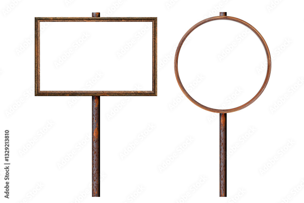 Obraz premium Set wooden empty dirty sign on rusty pole. Rectangular and roundframe with blank surface. Signboard isolated on white