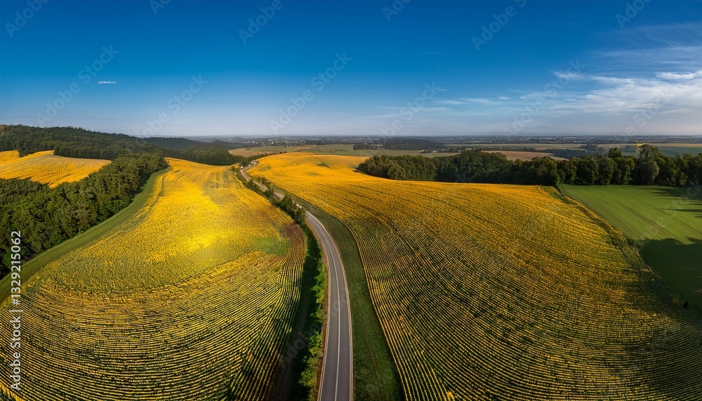 Naklejka premium Generated image Drone view of a winding country road flanked by rows of sunflowers stretching to the horizon