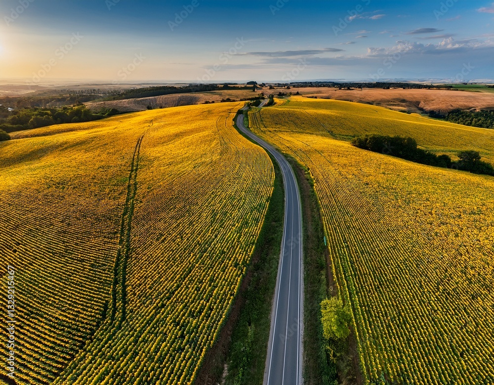 Naklejka premium Generated image Drone view of a winding country road flanked by rows of sunflowers stretching to the horizon
