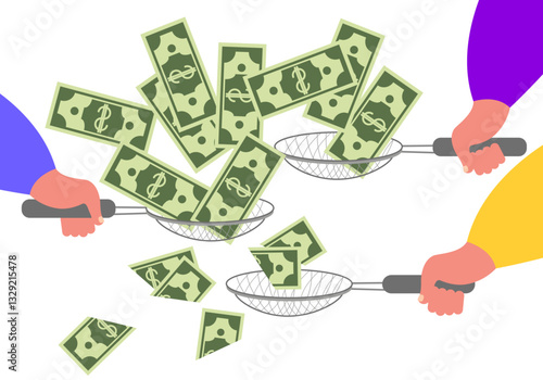 Inflation Reduce Value of Money, High Cost of Living. People holds sieve and sift Money through a sieve. Vector illustration.