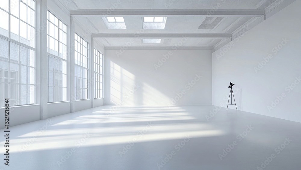 Obraz premium Spacious White Studio Room with Large Windows, Skylights, and Tripod Light, Perfect for Photography or Filmmaking Projects