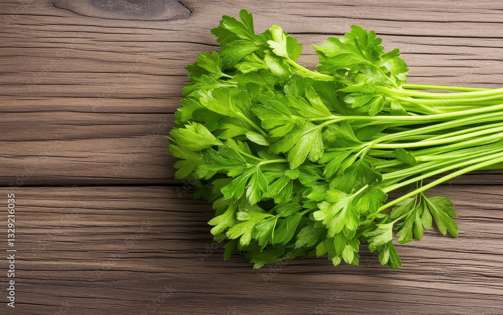 Fresh parsley on wooden table, showcasing vibrant green leaves and stems, perfect for culinary use and garnishing dishes Fresh parsley on wooden table, showcasing vibrant green leaves and stems, perfect for culinary use and garnishing dishes
