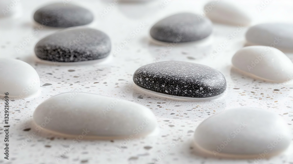 Aesthetic arrangement of smooth black and white pebbles on a light speckled surface, highlighting natural textures and contrast. Aesthetic arrangement of smooth black and white pebbles on a light speckled surface, highlighting natural textures and contrast.