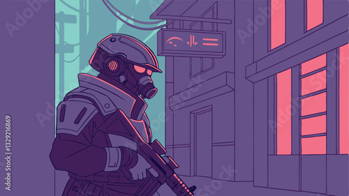 Cyberpunk Bounty Hunter with High-Tech Weapons – Sci-Fi Action Character Vector