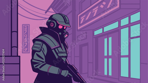 Cyberpunk Bounty Hunter with High-Tech Weapons – Sci-Fi Action Character Vector