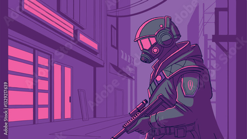 Cyberpunk Bounty Hunter with High-Tech Weapons – Sci-Fi Action Character Vector
