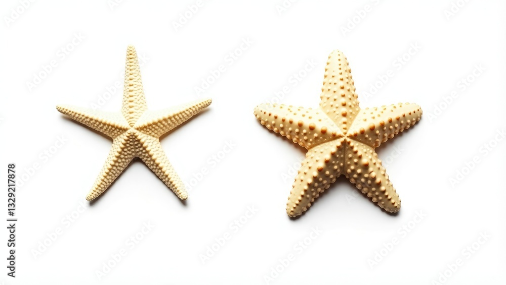Two distinct varieties of white starfish set against a white backdrop, ocean, sea, beach, design element, flat lay, top view with gentle shadows. Two distinct varieties of white starfish set against a white backdrop, ocean, sea, beach, design element, flat lay, top view with gentle shadows.