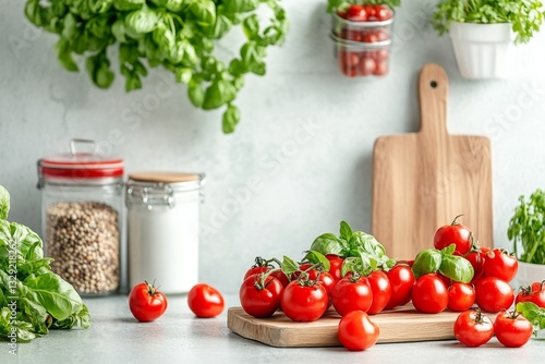Fototapeta Naklejka Na Ścianę i Meble -  A kitchen counter with a cutting board featuring chopped fruits and vegetables ready for cooking
