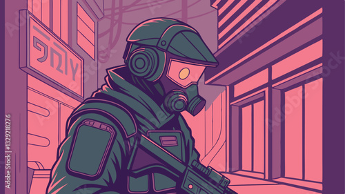 Cyberpunk Bounty Hunter with High-Tech Weapons – Sci-Fi Action Character Vector