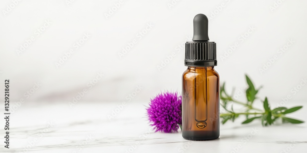 Fototapeta premium Antioxidant Extracts supplement concept. Brown glass dropper bottle with purple flower and green leaves.