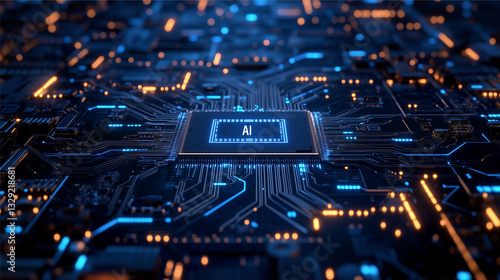 Futuristic Circuit Board with Glowing Microchip Design