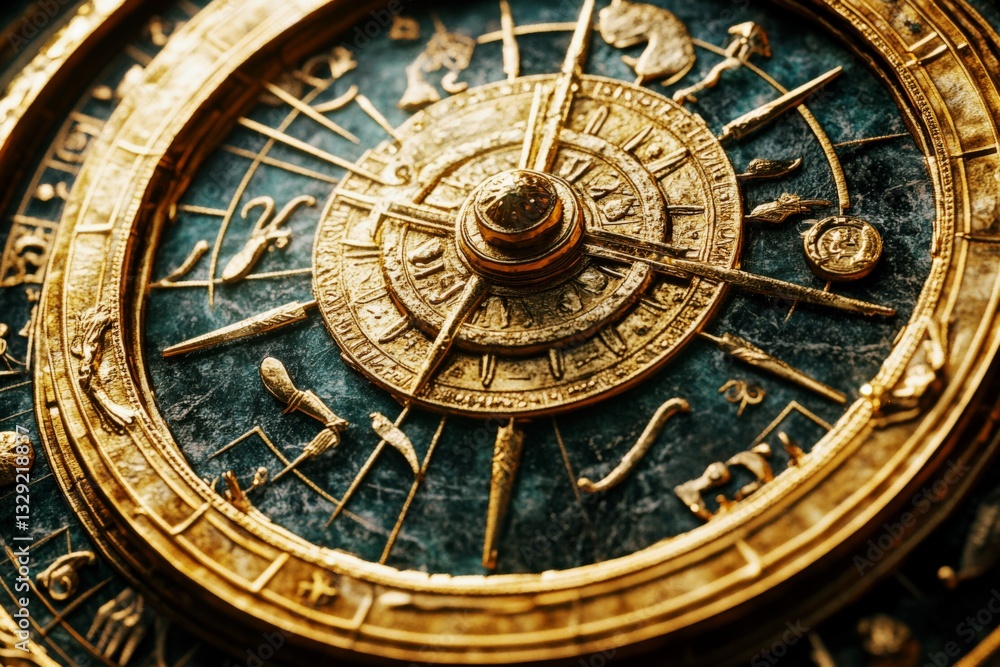 Fototapeta premium Ancient golden zodiac wheel with astrological symbols esoteric fantasy astrology