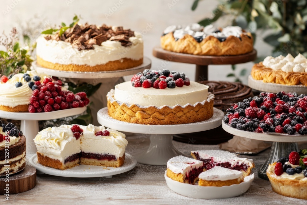A lavish dessert table with dozens of cakes, pastries, and pies, some already half-eaten A lavish dessert table with dozens of cakes, pastries, and pies, some already half-eaten