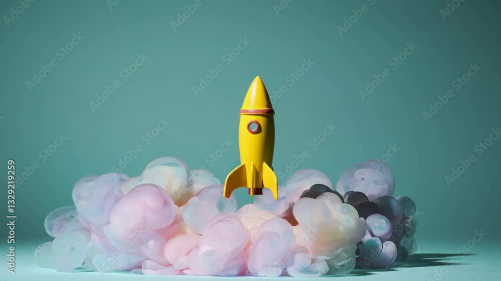A minimalist, close-up scene of a small, vibrant yellow toy rocket frozen in mid-launch above a fluffy cloud of soft, pastel-colored smoke. 