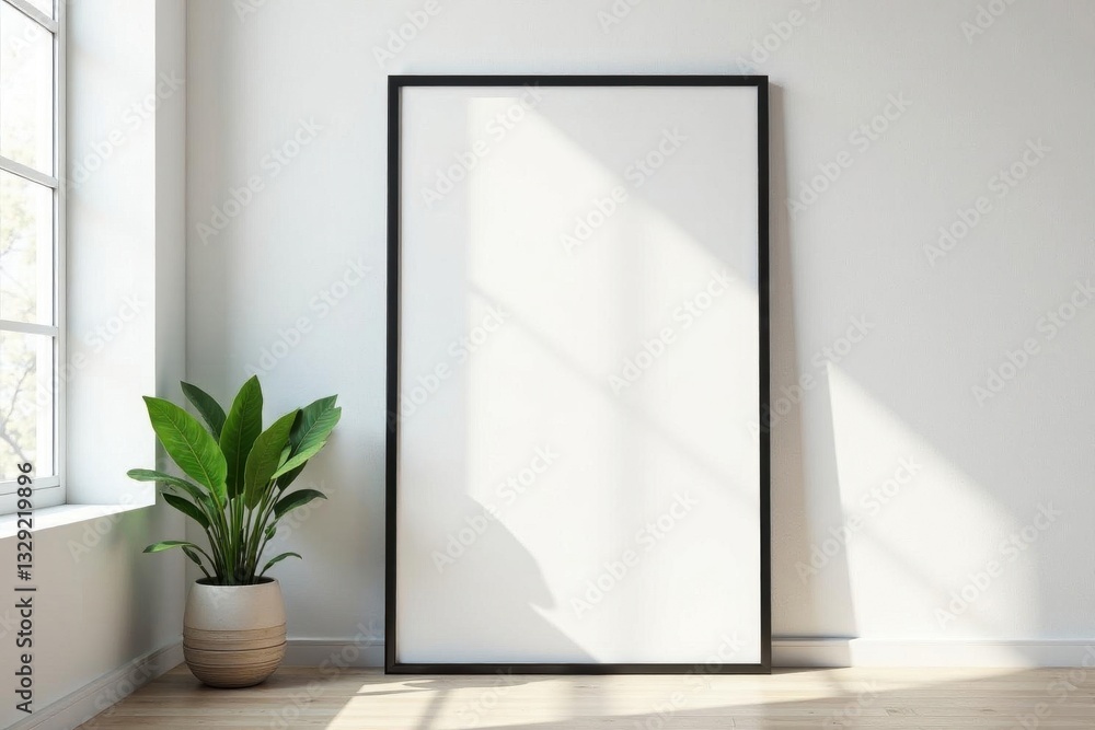 Single black frame against stark white wall, showcasing clean lines , sleek, wall art Single black frame against stark white wall, showcasing clean lines , sleek, wall art