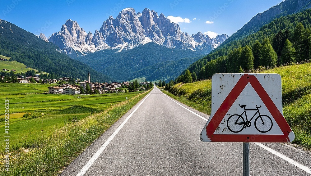 Naklejka premium Photo of road sign with bicycle illustration, Dolomites mountains and green fields in Italy, straight highway leading to peaks, buildings among trees, natural beauty, travel culture, wide shot.