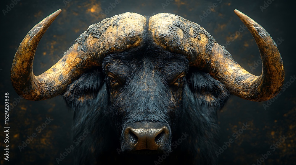 Naklejka premium Close-Up Buffalo Fierce Gaze Powerful Horns Symbol Strength Wildlife Beauty Photo