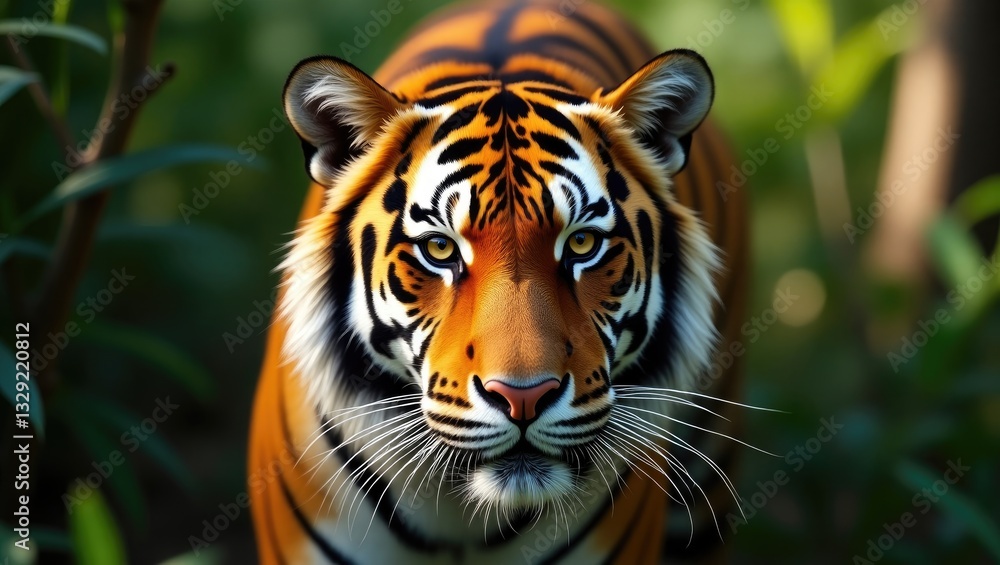 Obraz premium Fine art portrait of a wild male tiger with sunlight illuminating his face and eyes during an outdoor wildlife jungle safari.