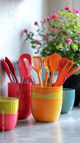 Modern kitchen featuring a collection of colorful utensils neatly arranged on a countertop isolated against a white background