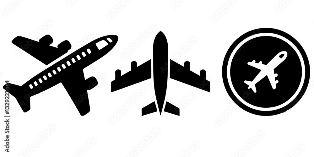 Three airplane icons in black and white vector. Three airplane icons in black and white vector.