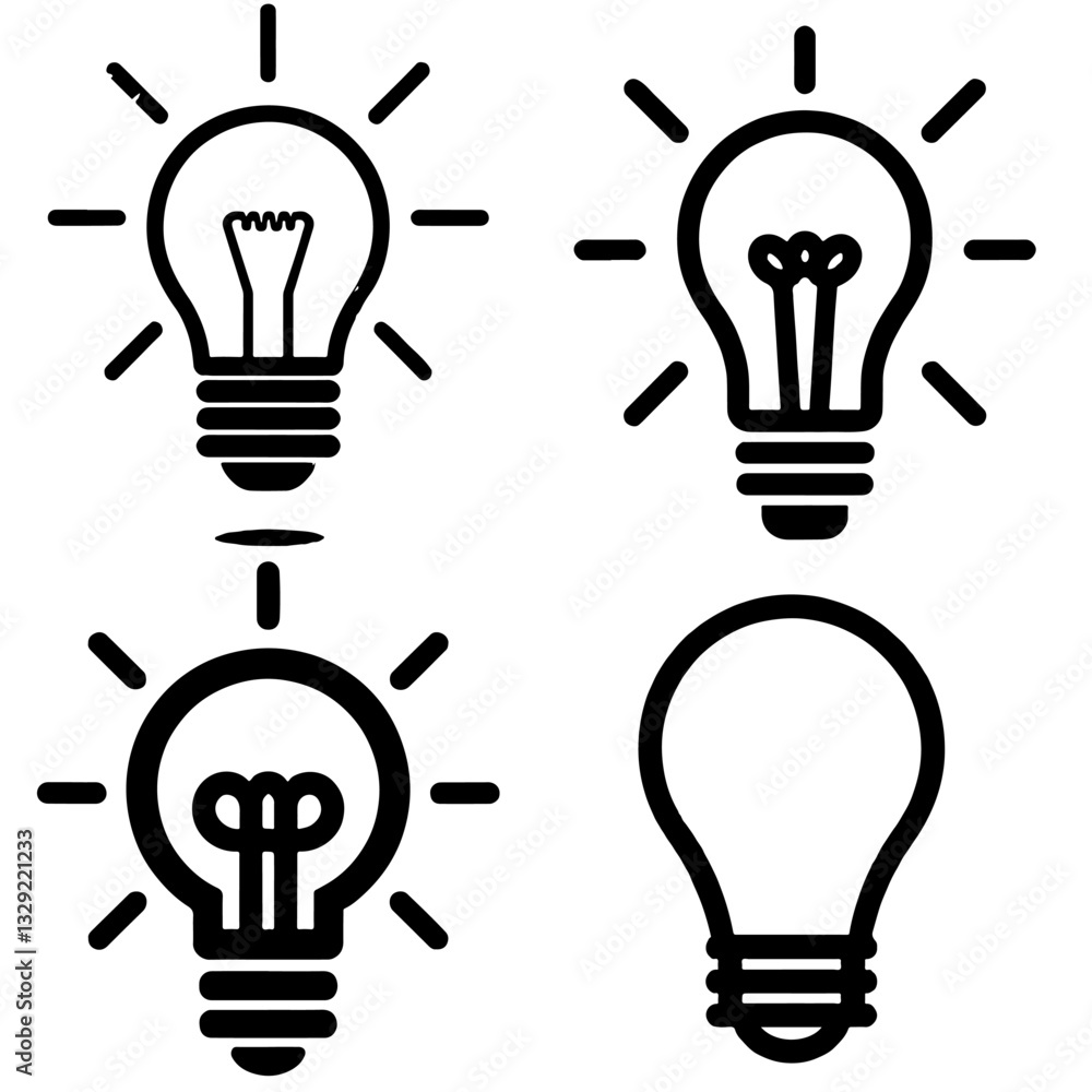 Collection of lightbulb vector icons in black and white, featuring different styles of internal filaments. Collection of lightbulb vector icons in black and white, featuring different styles of internal filaments.