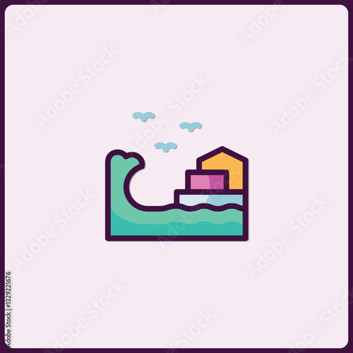 Whimsical Waterfront Icon Depicting a Gentle Wave and Coastal Building