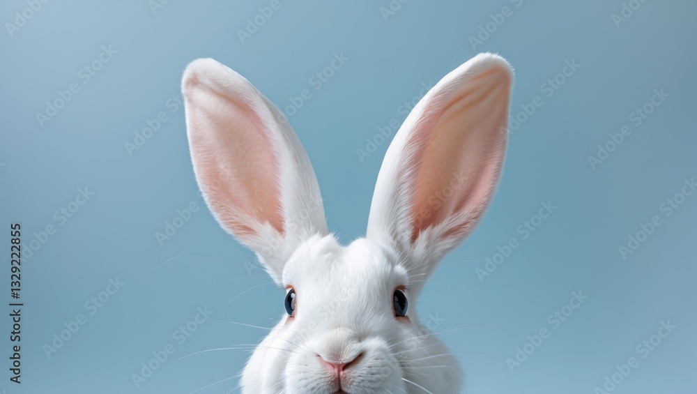 White rabbit ears against a light blue backdrop with space for text. White rabbit ears against a light blue backdrop with space for text.