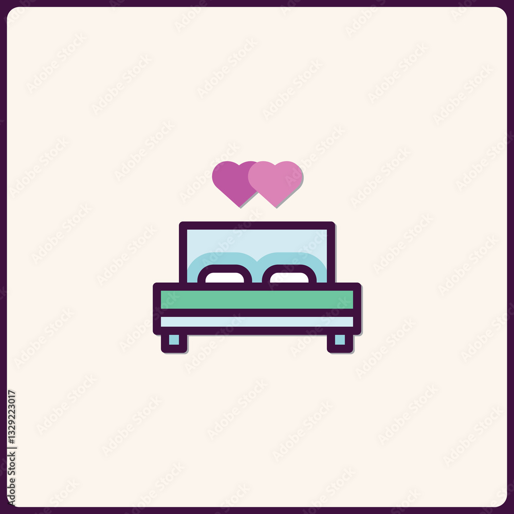 Romantic Getaway Icon: Bed with Hearts for Valentines Day Celebration