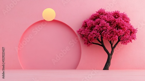 Pink Textured Background with Pink Tree and Golden Sphere