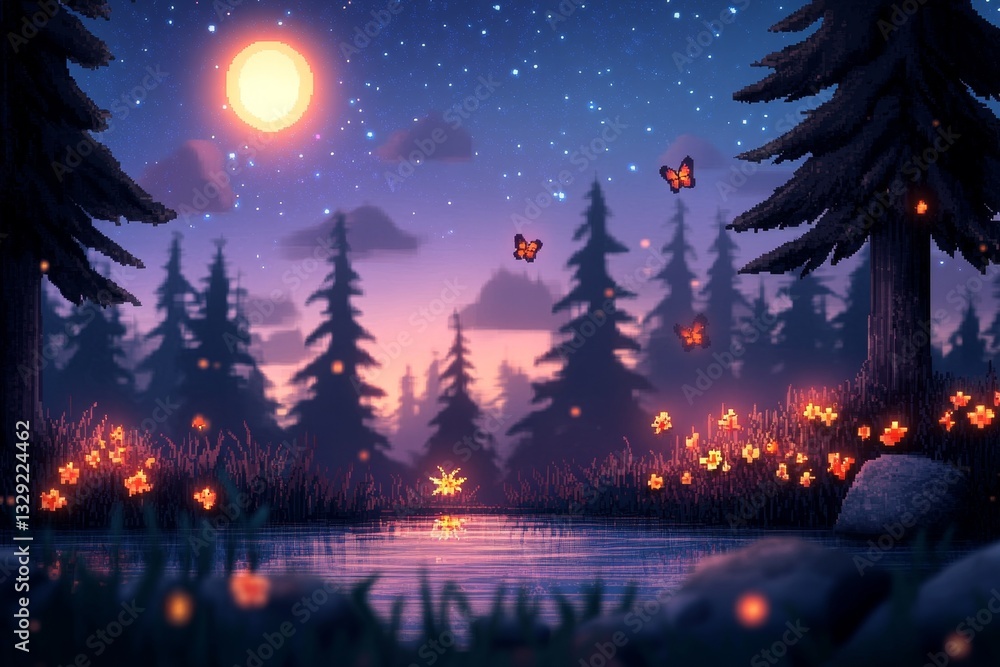 Naklejka premium A pixel art meadow with colorful flowers and animated butterflies, framed by pixelated trees and a glowing pixel sun in the sky