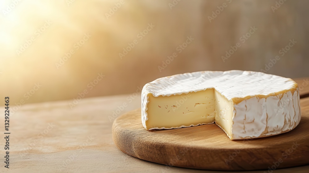 This image captures a round brie cheese with a slice removed, beautifully arranged on a wooden surface, evoking feelings of warmth and homeliness. This image captures a round brie cheese with a slice removed, beautifully arranged on a wooden surface, evoking feelings of warmth and homeliness.