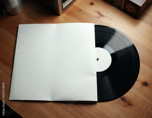 Vinyl record mockup with blank album cover on wooden table.