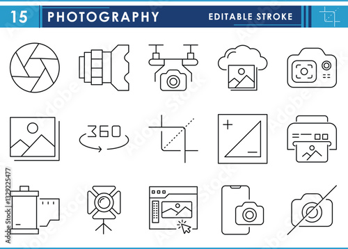 A set of line icons related to Photography. Photo, camera, edit, focus, no camera, 360, lens, and so on. Vector editable stroke.