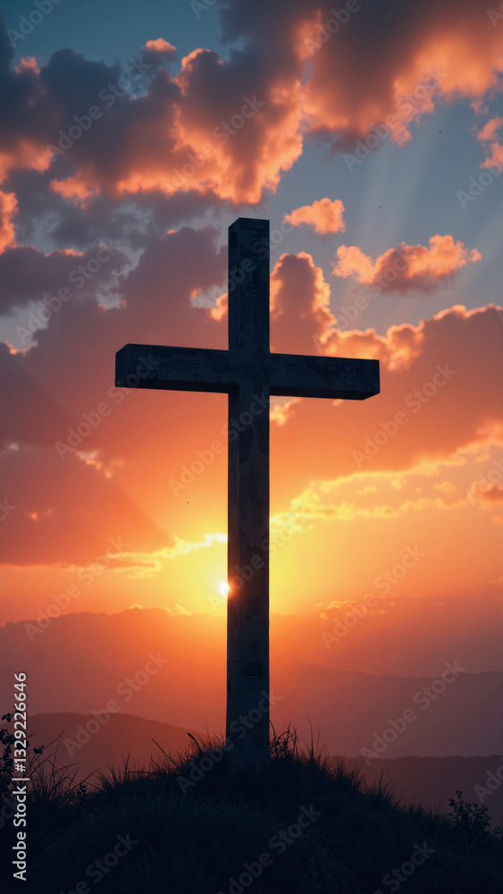 Majestic Cross Silhouetted Against a Vivid Sky at Golden Hour - Perfect for Religious Publications and Easter Promotions Majestic Cross Silhouetted Against a Vivid Sky at Golden Hour - Perfect for Religious Publications and Easter Promotions