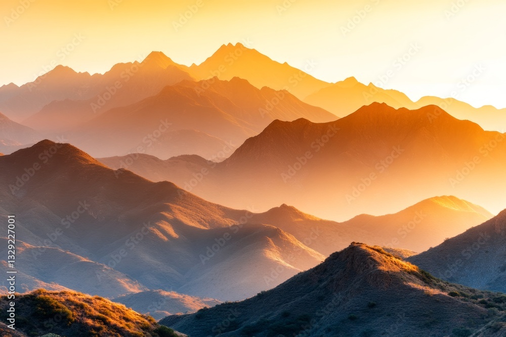 A rugged mountain range with jagged peaks and deep valleys, seen during golden hour with dramatic lighting A rugged mountain range with jagged peaks and deep valleys, seen during golden hour with dramatic lighting