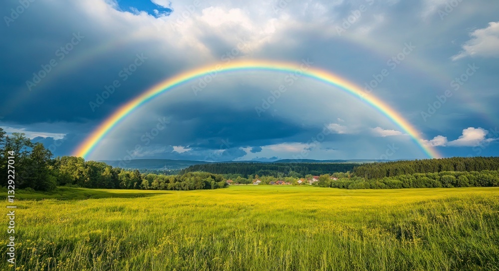 Naklejka premium Scenic Landscape with Rainbow Over Green Field After the Rain