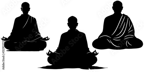 Silhouetted monks meditate in a seated lotus position. The graphic is likely vector art.