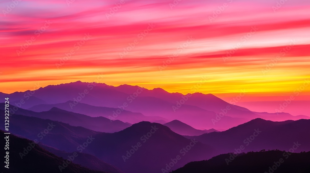 Fototapeta premium Vibrant sunset over rolling mountain with colorful skies and distant peaks in silhouette