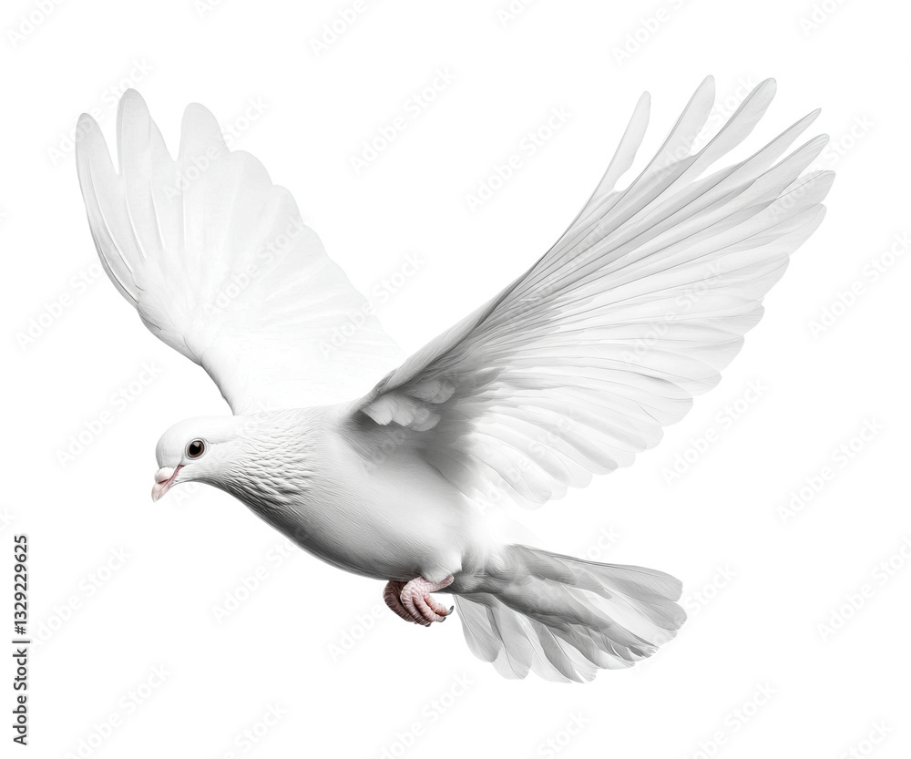 Obraz premium White dove in flight with outstretched wings and graceful motion, cut out