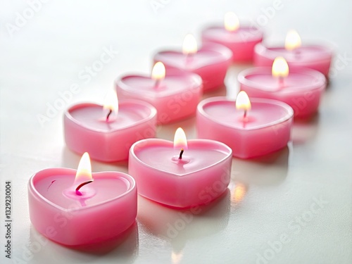 Small pink heart candles set a romantic Valentine's Day mood.  White background provides ideal copy space for your message.