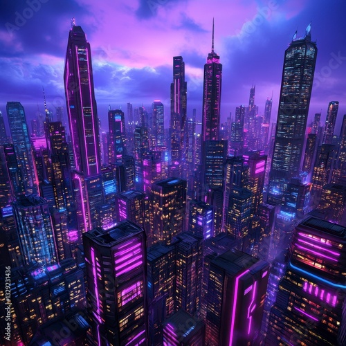 Pixel Art Futuristic City at Twilight Neon Lights Purple Pink Skyline