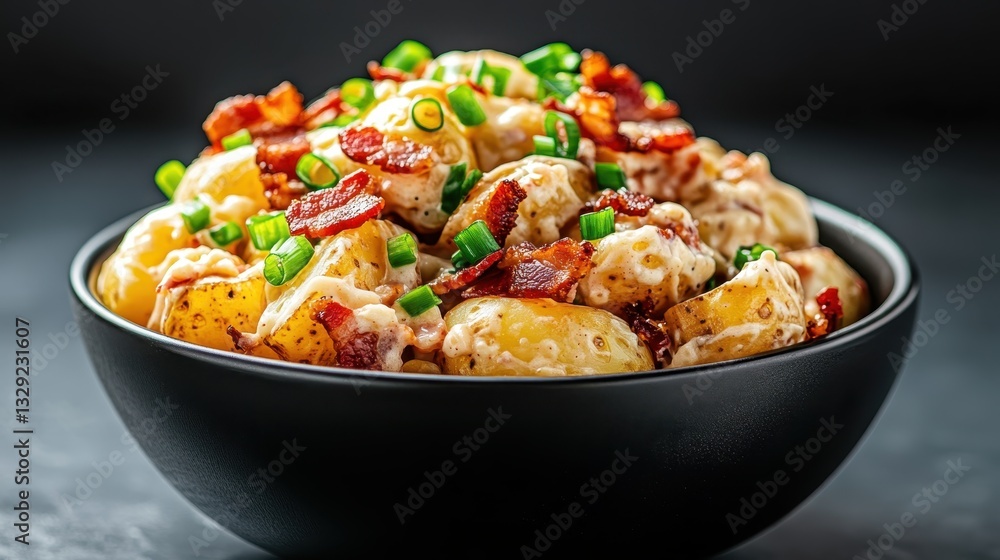 A delicious serving of creamy potato salad topped with crispy bacon bits and fresh green onions, making it an irresistible side dish for any occasion. A delicious serving of creamy potato salad topped with crispy bacon bits and fresh green onions, making it an irresistible side dish for any occasion.